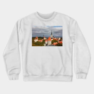 View from Toompea of the Lower Town, Old Town with Olai's Church or Oleviste Kirik, and a tower of the city wall, Tallinn, Estonia, Europe Crewneck Sweatshirt